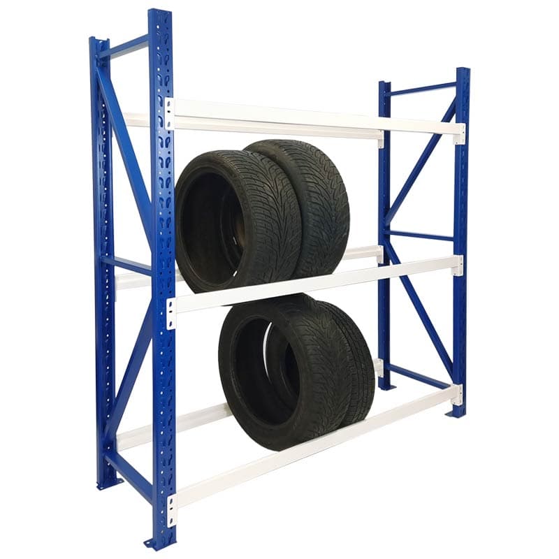 Long Span Tyre Rack 600 x 2000 | Blue and White - Shed and Shelving